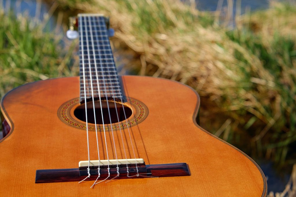 An acoustic guitar lying the grass
